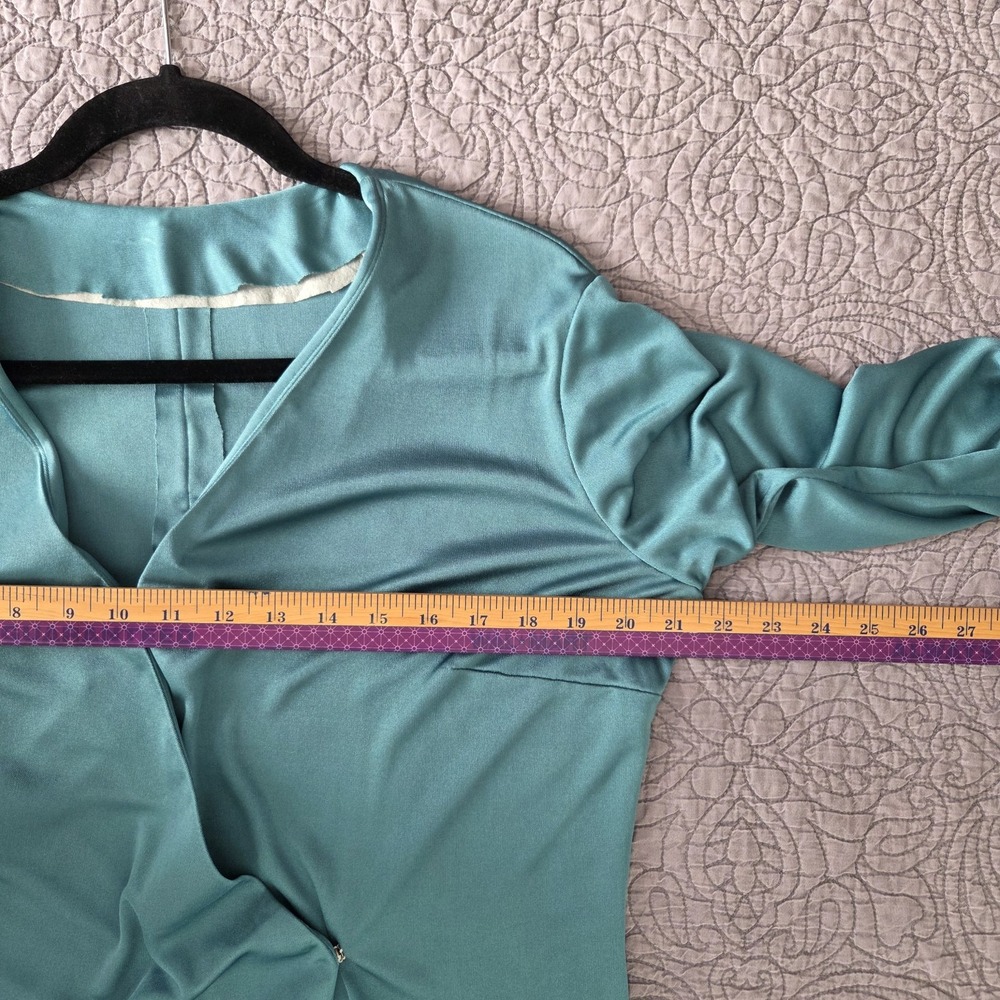 Vtg 70s Wrap Top L/XL Handmade Stretch Satin Long Sleeve Forest Green Holiday - Picture 6 of 6